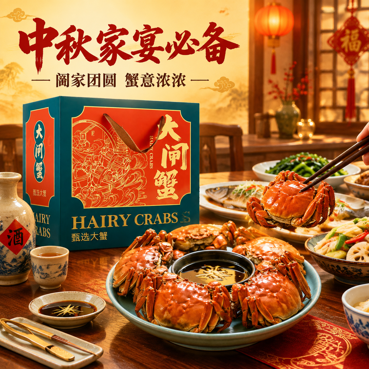 [主图-4] 场景与体验，展示家庭聚餐享用大闸蟹的温馨场景，增… - 图片创意预览