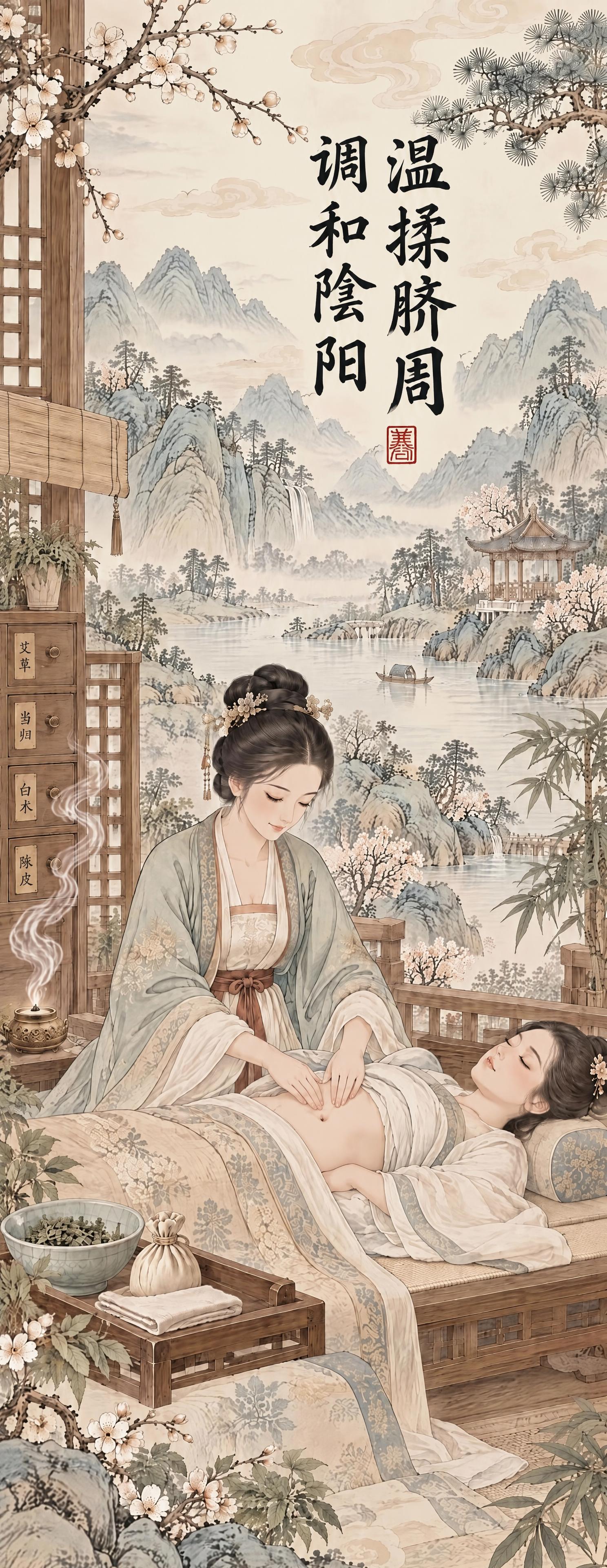 将这张「温揉脐周 调和阴阳」竖版海报的文字从横向排版改为竖向排… - 图片创意预览