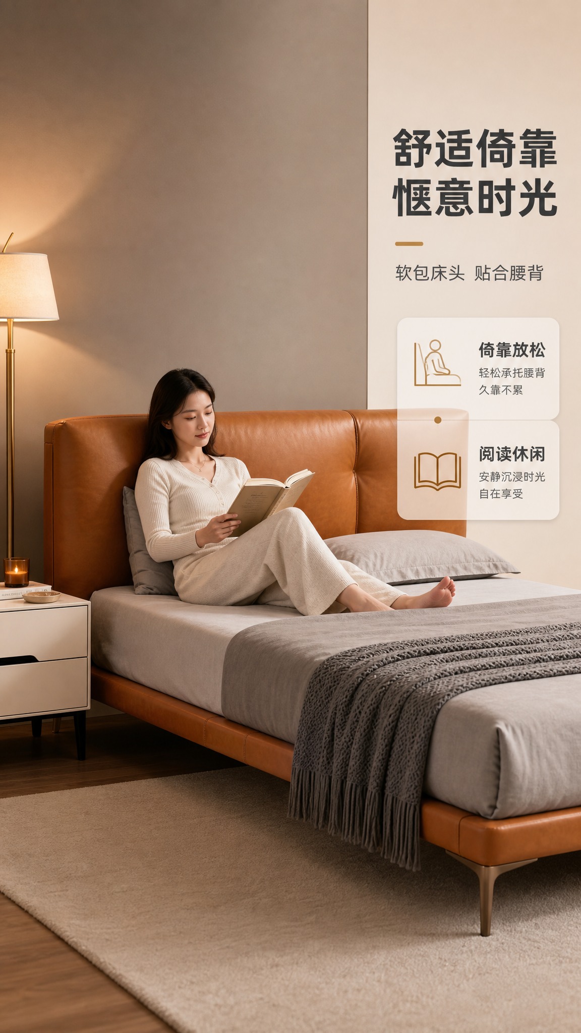 [商品] 使用【图1】焦糖棕真皮床+米白色床头柜；保留床的整体… - 图片创意预览