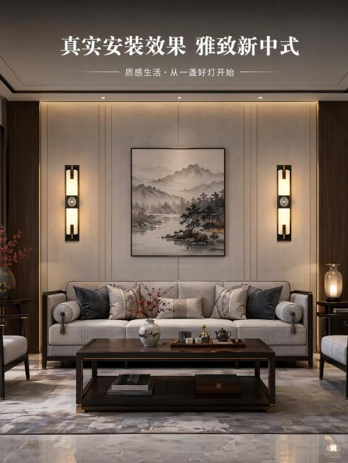 [第14屏] 新中式仿云石壁灯真实客厅场景整体效果展示。本屏使用【图1】作为产品主体。
[氛围/风格] 实景氛围感，新中式轻奢风，整体空间展示，真实自然，商业摄影质感。
[元素布局] 壁灯安装在客厅沙预览效果