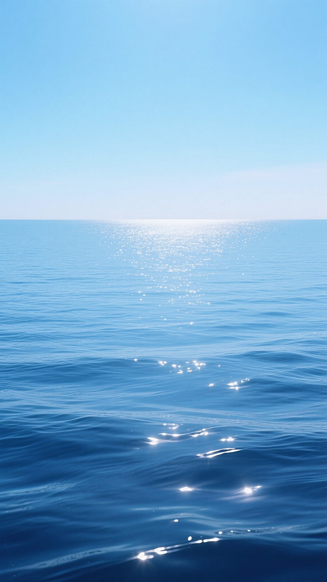 超高清写实海面背景，纯净的渐变蓝色调从深海的靛蓝平滑过渡到海面的明亮天蓝，广阔无垠的海平面与清澈的浅蓝色天空在远处交汇形成清晰的水平线，海面覆盖着细腻而规律的微波涟漪，阳光均匀洒落在水面上，呈现出柔和的高光与阴影层次，整体营造出宁静、开阔、通透的氛围，水面质感光滑且富有流动性，无任何文字、LOGO及多余元素干扰。