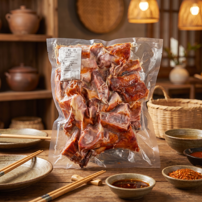 优化背景，将背景更换为温暖自然的餐饮店内场景，保留袋中的烤鸭块产品主体和标签不变，让整体氛围更贴合美食售卖的餐饮场景，提升产品食欲感预览效果