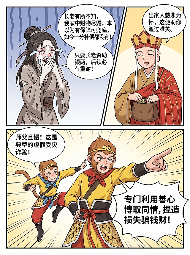 漫画第二页，风格轻松搞笑反诈科普，白骨精假装哽咽，话术套路满满说：长老有所不知，我家中财物尽毁，本以为有保障可兜底，如今一分补偿都没有！只要长老资助银两，后续必有重谢！唐僧正要掏钱说：出家人慈悲为怀，这便助你渡过难关。孙悟空立刻拦住，挑眉识破说：师父且慢！这是典型的虚假受灾诈骗！专门利用善心博取同情，捏造损失骗钱财！