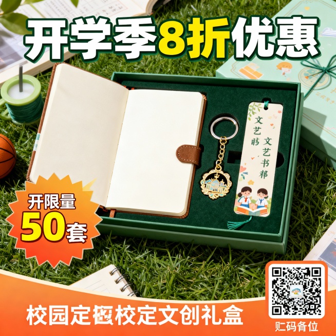 风格青春活力，包含产品实物元素、促销文案、购买二维码占位符预览效果