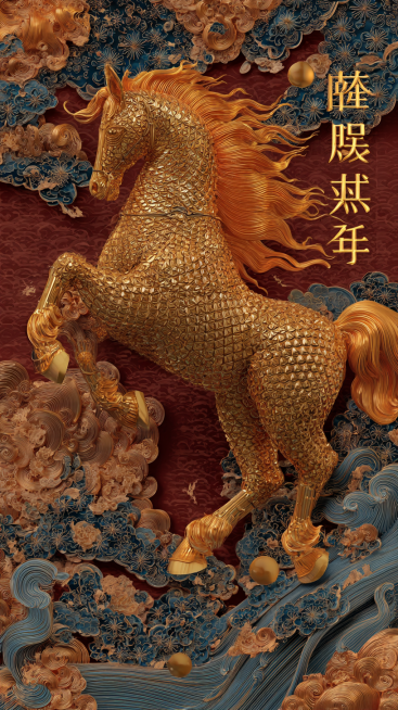 马年新春贺岁海报核心元素：主角刻画一匹身披鳞甲般的琥珀色天马，通体折射琉璃光彩，足踏祥云，鬃尾如熔金流泻，展现神骏超凡之态色彩基调：以故宫红墙深赭为底，叠衬暗金云纹与牡丹叠色，营造富丽堂皇的宫殿贺岁场预览效果