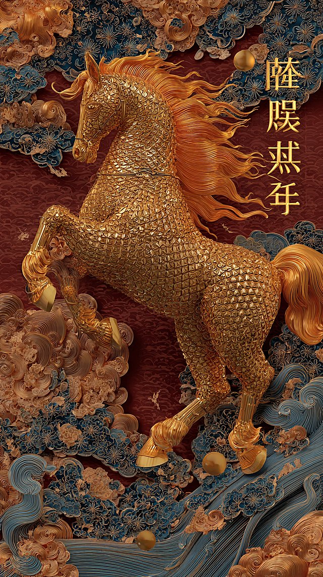 鎏金浮雕骏马腾云，3D重拟物国潮风，融合中式古典与民族纹样，尽显奢华喜庆的龙年新韵。