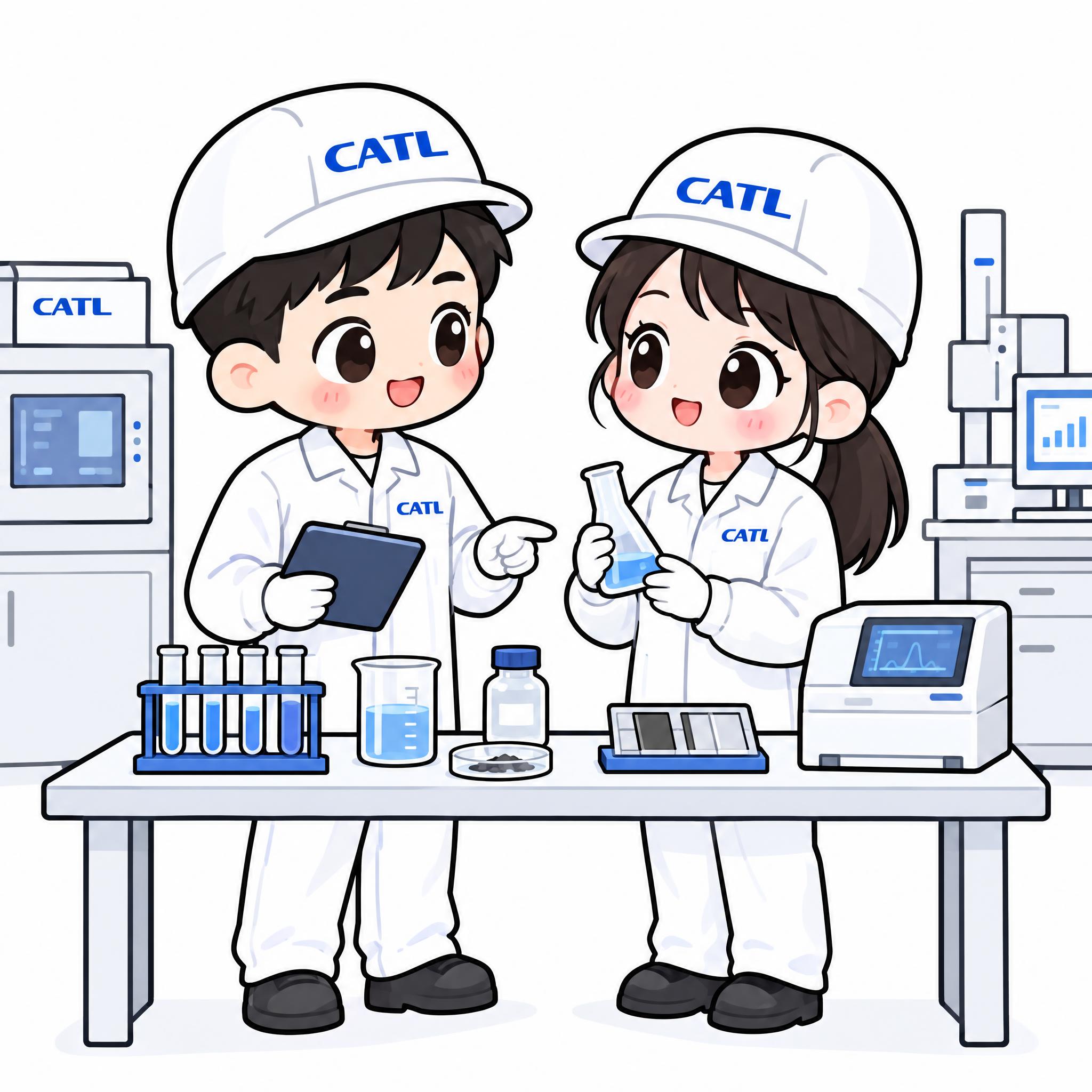Q版可爱卡通双人组合，CATL研发场景，左边男生穿白色工作服戴… - 图片创意预览