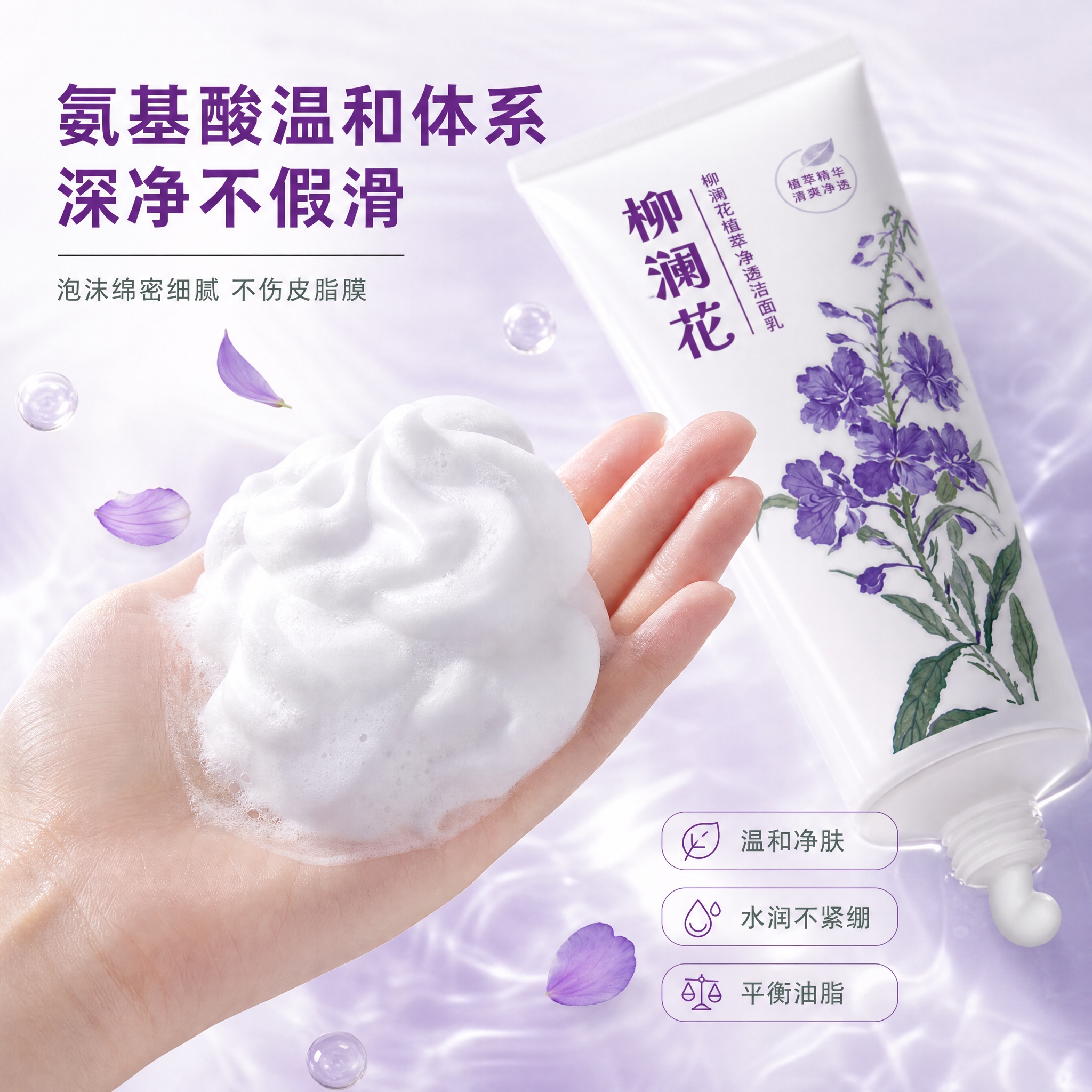 [主图-3] 质地与肤感展示，突出氨基酸洁面的绵密泡沫和温和水… - 图片创意预览