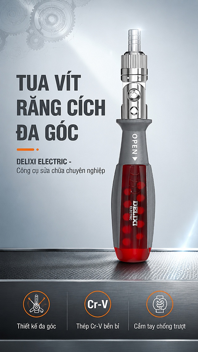 [第1屏] 亚马逊跨境电商详情页头图 - DELIXI ELECTRIC多角度棘轮螺丝刀产品主视觉海报。本屏使用【图1】作为商品主体，保持产品物理结构、比例轮廓、金属质感、灰红配色与原图完全一致。
[氛围/风格] 工业极简专业风，跨境电商商业摄影质感，真实客观，突出金属工具的精密与力量感。
[元素布局] 螺丝刀产品置于画面中央偏右，竖直摆放，占比约60%-65%；左侧为标题文案区；背景为浅灰蓝渐变（#E8ECF2到#D5DCE6），底部有深灰色工业台面，台面有微弱金属网格纹理；左上角有细微的金属齿轮线条装饰元素，右下角有螺丝刀工作时的微弱光影效果；产品刀头部分有高光强调。
[光影质感] 左上方45度硬光照明，突出金属表面反光与质感；右侧辅光柔化阴影；底部有自然投影落在台面上；棘轮关节处有明显高光，体现金属精密感。
[配色色系] 全局底色 #E8ECF2 浅灰蓝渐变；主色银灰色金属质感；辅助色红色（产品握柄）+ 深灰色文字；点缀色橙色高亮标注。
[视角构图] 正面微仰视角度，产品为视觉中心，阅读动线从左上标题 → 中部产品 → 底部信息条；景深适中，背景虚化突出主体。
[文字版式] 全部使用越南语。左上区域主标题「TUA VÍT RĂNG CÍCH ĐA GÓC」，副标题「DELIXI ELECTRIC - Công cụ sửa chữa chuyên nghiệp」；主标题加粗无衬线字体，字号大；副标题字号较小；底部横向信息条包含三个卖点标签：「Thiết kế đa góc」「Thép Cr-V bền bỉ」「Cầm tay chống trượt」；文字不遮挡产品主体。
[比例分辨率] 9:16竖版比例，4K分辨率，文字清晰可辨，高清画质。
[负向提示词] 产品变形，结构错误，缺件错件，颜色偏差，水印，文字错乱，文字过小，产品图模糊，背景杂乱，中文字符。