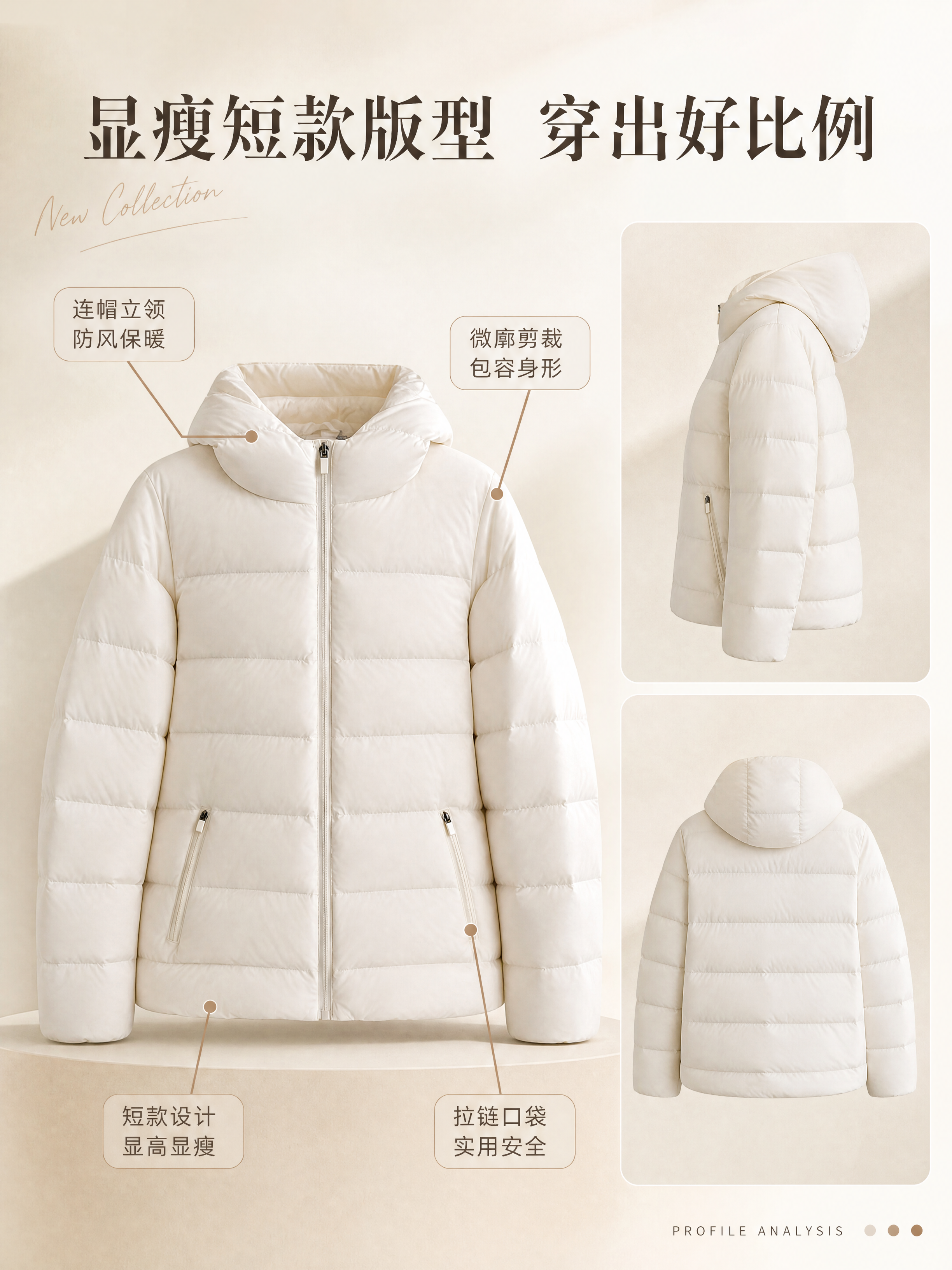 [商品] 使用【图1】奶白色连帽短款羽绒服；商品处理：保留连帽… - 图片创意预览