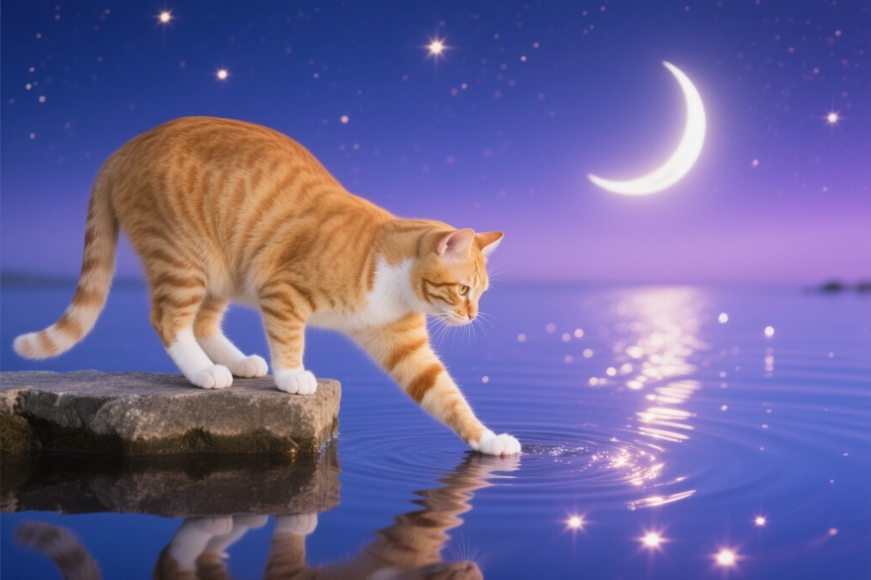 写实照片，一只姜黄色的虎斑猫，腹部和爪子是白色的，站在石架上，将爪子伸入波光粼粼、星光熠熠的水面，水面倒映着一弯新月，星光映照下散发温暖光芒，星辰随水面涟漪翩翩起舞，水面呈现蓝色和紫色色调，营造宁静透预览效果