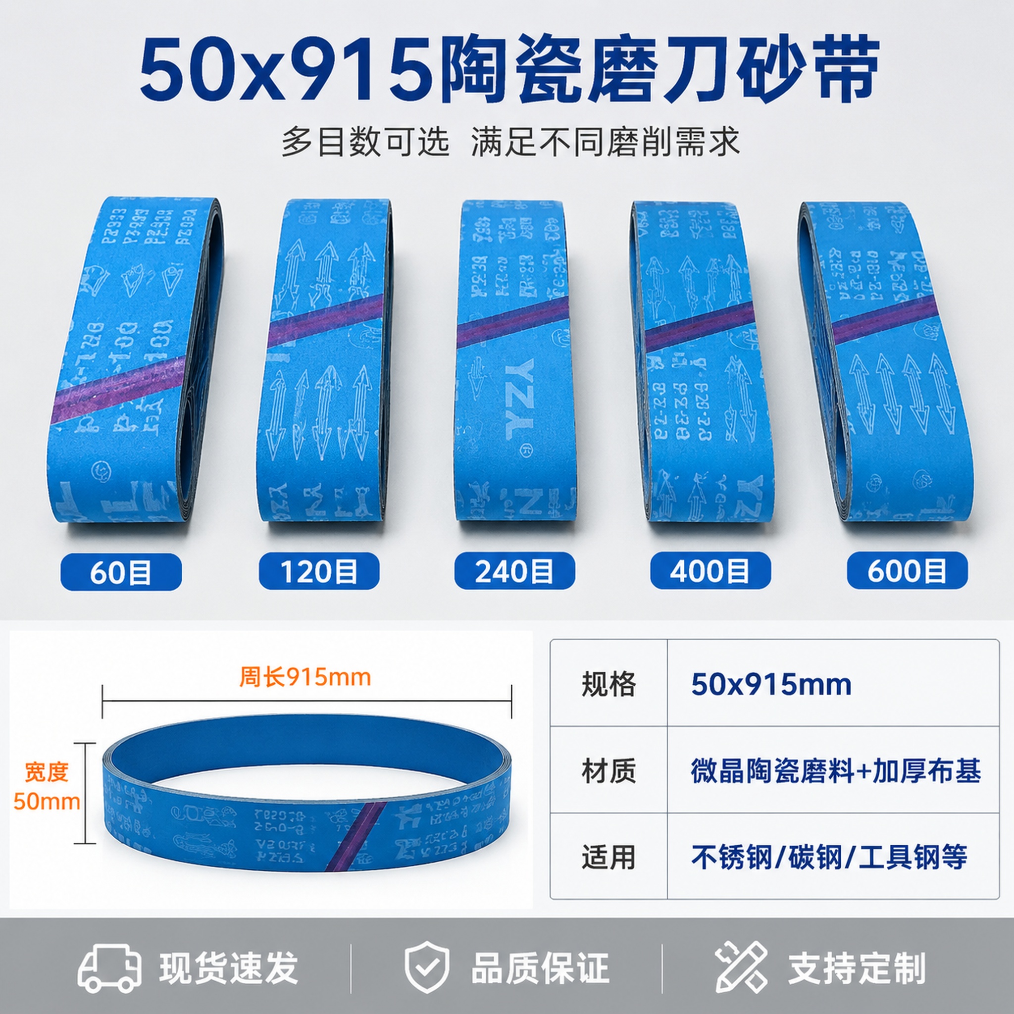 [主图-5] 陶瓷磨刀砂带规格参数与套装图 50x915尺寸展… - 图片创意预览