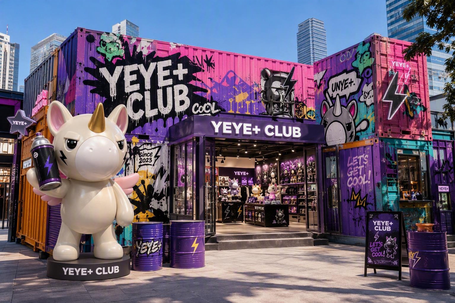 参考图中的YEYE+独角兽潮玩IP形象，设计一款小型户外快闪店… - 图片创意预览