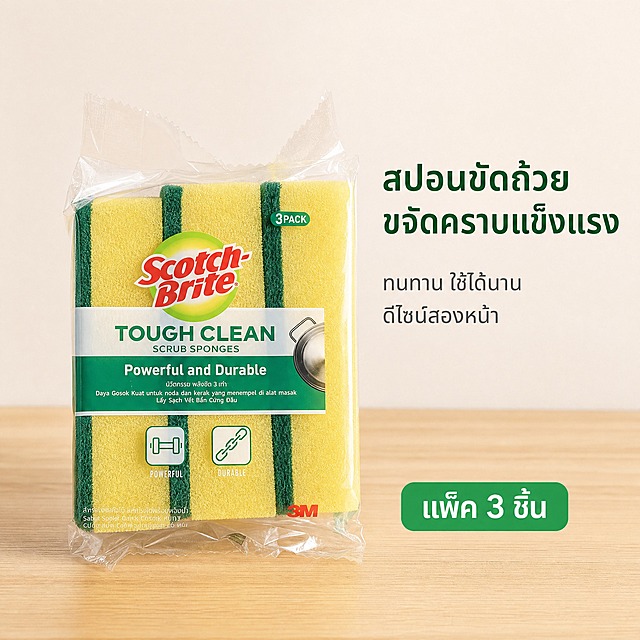 [主图-1 首图] Scotch-Brite Tough Clean Scrub Sponges 3-pack 包装主视觉 真实产品摄影
[统一基调] 泰国TikTok Shop/Shopee 真实商品摄影风 浅奶油白背景 浅木色台面 泰文无衬线字体 自然不刻意 全套统一
[画面] 透明塑料袋包装的3片装黄色海绵百洁布 绿色百洁布条纹面 包装上保留Scotch-Brite红色品牌标和绿色标签 包装外观与输入图1完全一致 产品正面微俯视 居中偏左摆放 占画面约70% 放在真实浅木色台面上 背景纯净浅奶油白 右侧有柔和自然光 产品形态包装与图1完全一致 不做任何改动
[光影质感] 真实商业产品摄影 窗边柔和自然光从右上方照射 海绵有真实孔隙质感 百洁布面粗糙纤维纹理清晰 透明塑料袋有自然褶皱和高光反光 底部有真实柔和接触阴影 无悬浮感 整体通透自然
[配色] 浅奶油白背景 浅木色台面 产品黄色+绿色 品牌红色点缀 真实自然不花哨
[文字版式] 右侧中上部泰文大标题"สปอนขัดถ้วย ขจัดคราบแข็งแรง" 下方小字两行"ทนทาน ใช้ได้นาน" "ดีไซน์สองหน้า" 右下角绿色圆角小标签"แพ็ค 3 ชิ้น" 文字简洁不遮挡产品 字号适中 自然融入
[输出要求] 1:1 2048x2048 真实摄影质感 产品清晰 包装完整 不变形 不错字 无水印 无中文 产品包装外观与图1完全一致