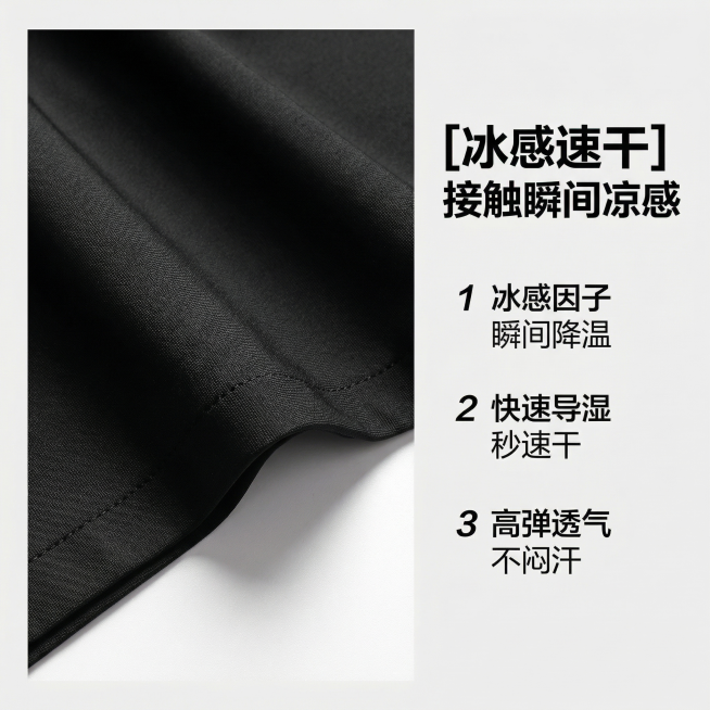 [功能卖点模块] 罗蒙短裤核心卖点详情模块，展示冰感速干功能
[氛围风格] 简约商务干净风格
[画面元素] 商业摄影质感、光线柔和通透、产品细节清晰真实、画面干净高级。截取产品面料特写，突出冰感面料质预览效果