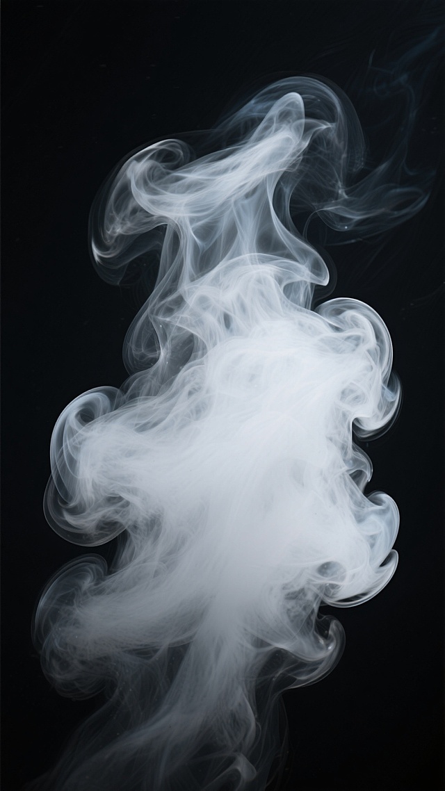 纯黑背景上，一团造型自然、形态飘逸的白色烟雾，烟雾整体呈现出由下至上逐渐升腾扩散的动态感，底部相对凝聚、边缘略带灰调，中部蓬松饱满、质感轻盈，顶部则逐渐消散、边缘柔和模糊，烟雾内部有细腻的层次感和微妙的光影变化，整体营造出一种空灵、神秘而又宁静的氛围，具有高分辨率的细腻质感和清晰的细节表现。