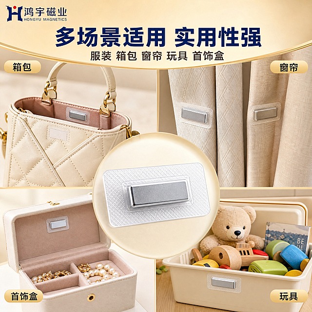 [主图-2] PVC单面磁 多场景应用图，展示服装箱包窗帘玩具首饰盒五大使用场景。
[统一基调] 蓝金工业品质风格，米金色渐变背景，深蓝色主标题，浅金色辅助标签，白色说明文字，粗黑体字体，整体专业可信的源头工厂质感。左上角放置鸿宇磁业品牌logo，logo保持原样不做任何修改。
[画面] 画面采用多场景拼图布局，展示PVC单面磁的多种应用：左上是女式手提包开口处隐形磁扣闭合效果；右上是窗帘对吸处隐形磁吸固定；左下是首饰盒盖磁吸扣合；右下是玩具收纳盒磁吸封口；中间放一枚清晰的长方形PVC单面磁产品作为主体。背景是柔和的米金色渐变，整体协调统一。左上角鸿宇磁业logo。
[光影质感] 真实生活场景摄影质感，柔和自然光，各场景有独立光影，产品融入场景不悬浮，金属磁铁有细腻光泽，透明PVC隐形自然。
[配色] 背景为米金色到浅米色的渐变，主标题深蓝色，辅助说明文字用深灰色，产品保持透明PVC+银色磁铁本色，各场景选用暖色调与整体风格协调。
[文字版式] 顶部深蓝色粗体大字写"多场景适用 实用性强"，下方小字写"服装 箱包 窗帘 玩具 首饰盒"，每个场景配一个浅金色小标签标注场景名称，字体统一为现代粗黑体，文字放在负空间不遮挡主体。
[输出要求] 1:1正方形比例，2K分辨率，场景真实自然，产品融入场景不悬浮，文字清晰可读，无变形、错字、模糊、水印、平台Logo。