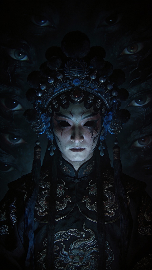 暗夜中的中式鬼魅，刺绣华服与浮雕头饰交织神秘，双重曝光的幽瞳环绕，3D质感强化哥特惊悚，光影沉郁，古典民族风中透出灵魂的低语。