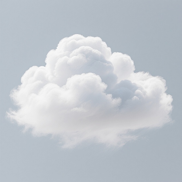 超写实风格的蓬松云朵，具有柔和的边缘过渡和细腻的层次纹理，采用纯白色调，呈现轻盈飘逸的质感，悬浮于纯色背景之上，保持云朵的自然形态特征但整体轮廓略有调整，光影效果柔和均匀，无明显阴影，营造纯净空灵的氛围。