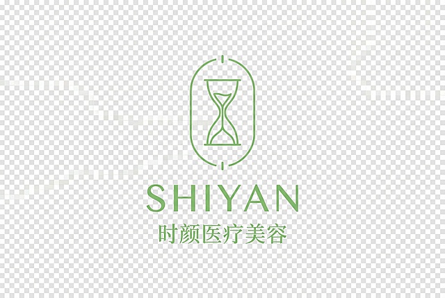参考上传的带顶部底部小短线椭圆外框的纤细简约LOGO风格，设计时颜医疗美容（英文SHIYAN）品牌LOGO，主色调为春天绿，搭配纤细简约的图形化时间沙漏元素，透明背景，现代简约风格，有高识别度与记忆点