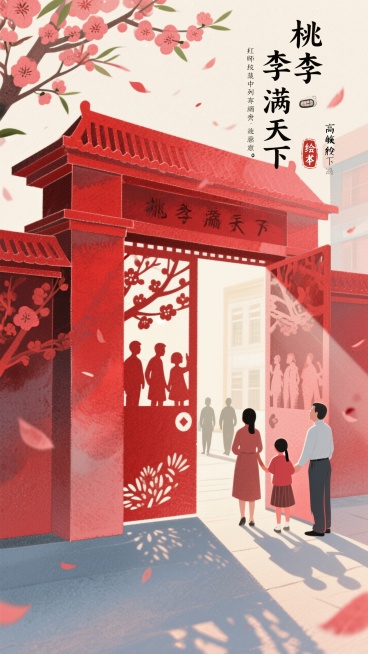 多层红色剪纸叠成立体校门，人物：老师学生，门上标题：桃李满天下，阳光穿透刻出历代师生剪影投影。中国红渐变与镂光效果，阴影构成桃李图案飘落。预览效果