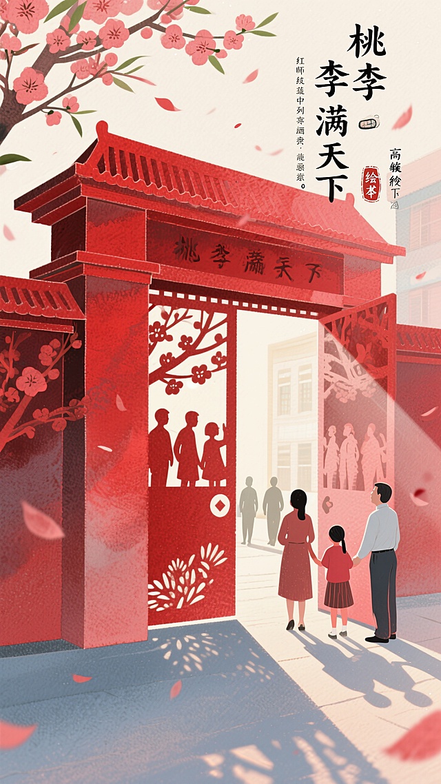 中式感插画风，剪影人物点缀红色牌坊，桃花纷飞，营造温馨节日氛围。