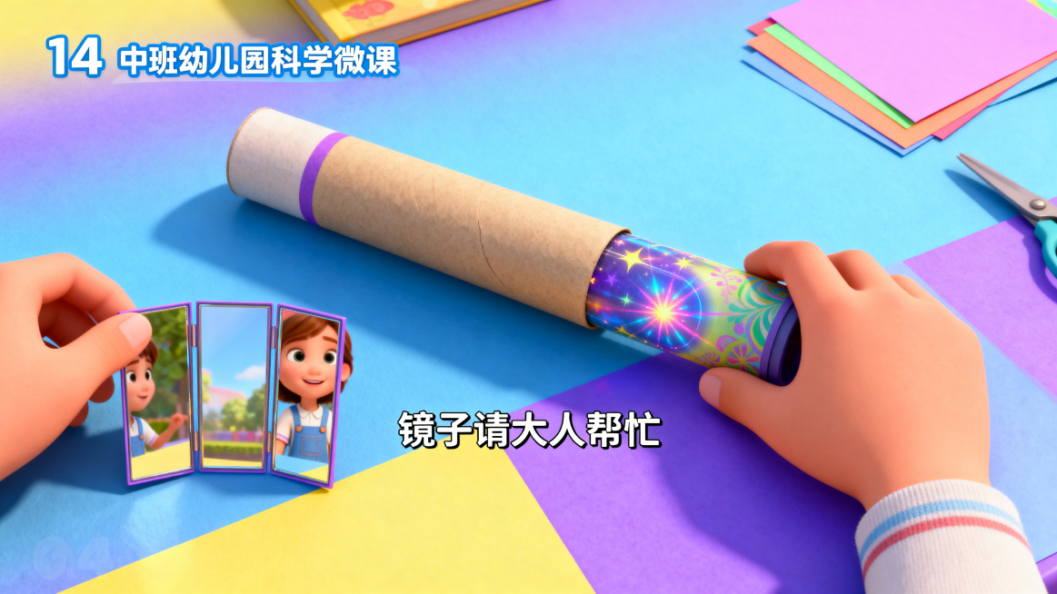 中班幼儿科学微课PPT内页，第14页万花筒开场+材料，卡通梦幻风格，皮克斯风格，明亮色彩，主色调蓝紫黄渐变，幼儿视角。万花筒转动特写，展示材料：纸筒+三面镜+彩纸，安全提醒文字"镜子请大人帮忙"，横版预览效果