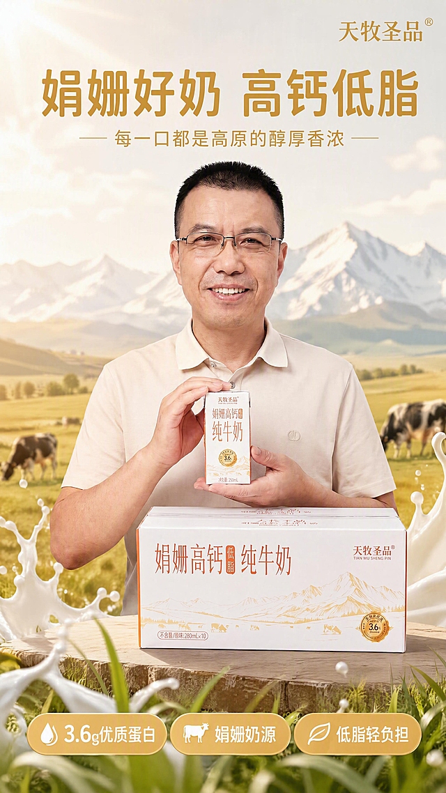 [第1张] 详情页头图-天牧圣品娟姗高钙低脂纯牛奶新品宣传海报。本张使用【图1】作为商品主体，保留人物手持单盒牛奶与整箱牛奶的组合展示。
[氛围/风格] 清新自然高原牧场风，奶白暖金色系，温润简约商业摄影质感，高级干净。
[元素布局] 画面中部偏下为整箱牛奶包装，人物上半身位于画面中上部，双手捧着单盒牛奶置于胸前，产品包装清晰完整；背景替换为虚化的高原牧场风光，远处有雪山轮廓、金色草原、奶牛剪影，前景有散落的草叶与牛奶溅起的奶滴装饰；产品包装结构、颜色、文字与输入图一致，主体组合占画面约65%-70%。
[光影质感] 左上方柔和自然光，人物面部光线均匀，牛奶盒与纸箱有自然高光，底部柔和投影，整体明亮通透温暖。
[配色色系] 全局底色 #FAF7F2（奶白色）；主色暖金 #D4A853、奶白；辅助色浅草绿、雪山灰蓝。
[视角构图] 正面平视微仰，人物与产品为视觉中心，阅读动线顶部标题 → 中部人物产品 → 底部卖点条。
[文字版式] 版式为顶部大标题 + 中部人物产品 + 底部三卖点横条。主标题「娟姗好奶 高钙低脂」，副标题「每一口都是高原的醇厚香浓」，标题字体为温润圆角黑体，字色暖金色；底部横排三个圆角卖点胶囊：「3.6g优质蛋白」「娟姗奶源」「低脂轻负担」，白字配暖金底；右上角小角标「天牧圣品」品牌名；所有文字清晰可读，不遮挡人物面部与产品主视觉。
[比例分辨率] 9:16 竖版比例，4K 分辨率，文字清晰可辨，高清画质。
[负向提示词] 产品变形，包装文字错乱，人物面部变形，水印，文字过小，颜色偏差，背景杂乱，缺件错件，结构错误。