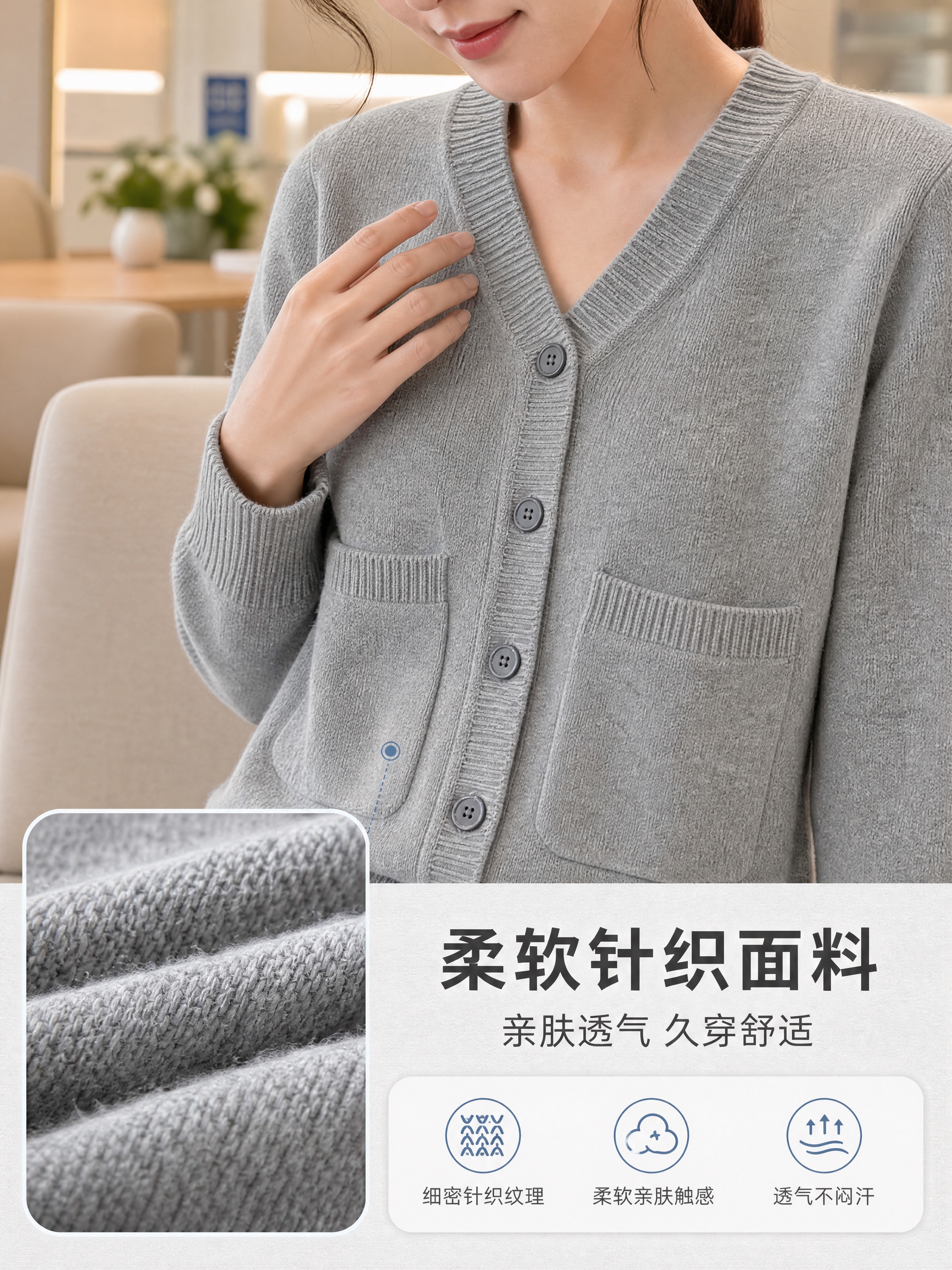 [商品] 使用【图1】灰色V领单排扣针织开衫；商品处理：保留V… - 图片创意预览