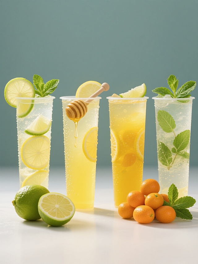 4个规整排布的柠檬水素材，保持超写实摄影风格，纯透明塑料杯装，杯身有细密水珠，黄色透明液体，杯口装饰切片青柠、柠檬片和薄荷叶，杯前摆放完整青柠和切开的青柠。第一个为经典青柠柠檬水，杯内多片青柠；第二个为蜂蜜柠檬柠檬水，液体稍深黄，点缀蜂蜜滴落效果；第三个为金桔柠檬柠檬水，增加多颗完整金桔；第四个为薄荷柠檬柠檬水，薄荷叶数量增加且更翠绿。所有素材均使用纯色背景，无文字、无logo、无水印，光影为柔和自然光，高清晰度，色彩鲜艳，质感通透。