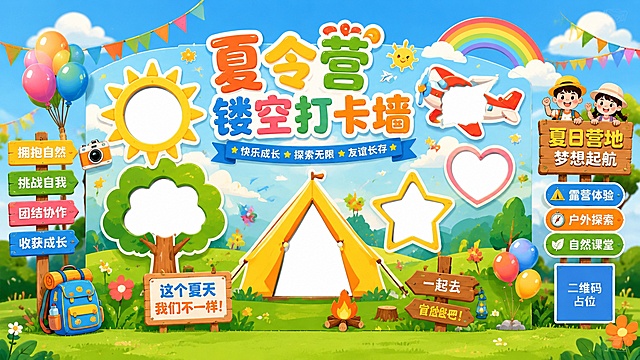 夏令营镂空打卡墙海报设计，横版16:9比例，扁平插画风格。画面主体是一个大型户外夏令营主题打卡背景墙，背景墙上有多个镂空造型供人拍照互动，镂空形状包括：太阳、星星、帐篷、树木、小飞机、爱心等童趣元素。背景墙整体色彩明亮活泼，以天蓝色、草绿色、暖黄色、橙红色为主色调。墙面上有大大的主标题文字"夏令营镂空打卡墙"，字体圆润可爱。背景墙周围装饰有彩色气球、彩旗、云朵、彩虹、草地等夏令营元素。地面是绿色的草地，整体氛围欢乐童趣，适合儿童夏令营活动打卡拍照。版式精美，画面层次分明。画面中所有信息区域必须填充完整合理的内容，不得出现空白框或待填写区域。画面中所有二维码区域使用纯色方块占位符呈现，方块中央标注"二维码占位"文字，严禁生成任何可识别的二维码图案。画面比例16:9