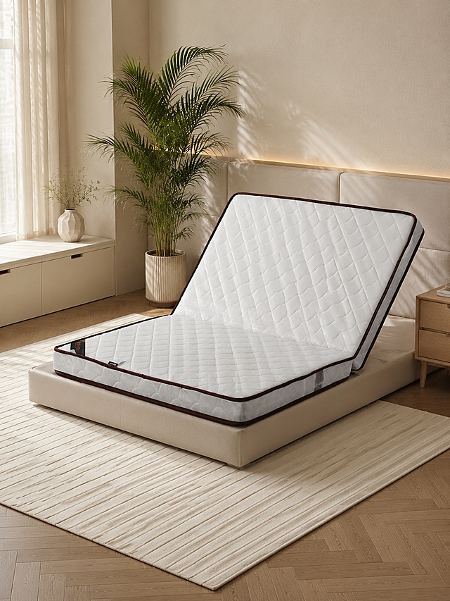 床垫，严格参照上传产品图https://gdesign-dam-hz.dancf.com/37097820866726939/ef0eb42cd1b944f3be33d7e1fd772468.jpg，完整保留所有可见组件、部件、轮廓形状、结构、比例、材质质感、颜色与上传图完全一致。
室内家居卧室一角，温馨奶咖暖色调，参考图风格为网红ins奶油风，还原参考图摆放方式与氛围。
侧窗自然光，光源方向为左侧斜入，产品受光面泛起奶咖暖色，暗部映射浅木色光晕，与环境物理融合。产品居中放置，微侧25度视角，中景构图。
全量换款清单：①床垫：主体产品严格保留上传图款式与所有细节；②床体：参考图浅米色齐边床架 → 生成图同色系浅卡其齐边软包床架；③床头柜：参考图左侧米白浅木床头柜 → 生成图右侧原木色简约床头柜；④地毯：参考图浅灰色竖纹地毯 → 生成图米白色条纹地毯；⑤绿植：参考图床头柜旁细枝绿叶 → 生成图旁高款散尾葵盆栽；⑥玩偶摆件：参考图左侧储物柜上暴力熊玩偶 → 生成图左侧储物柜上几何陶瓷花瓶；⑦墙面：参考图浅奶咖墙面 → 生成图浅米色亚麻纹理墙面；⑧地面：参考图浅木地板 → 生成图浅胡桃木人字拼地板；⑨窗帘：参考图左侧浅卡其窗帘 → 生成图左侧奶白色亚麻窗帘；⑩储物柜：参考图左侧矮储物柜 → 生成图左侧同款式米白色矮储物柜。
消除所有多余品牌文字，保留产品本体原有文字信息。严格锁定宽高比为 3:4。