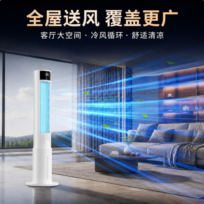 将图片中的黑色空调扇改成和参考图一致的白色空调扇，保留原海报的文案、背景和蓝色风效、绿叶效果不变预览效果