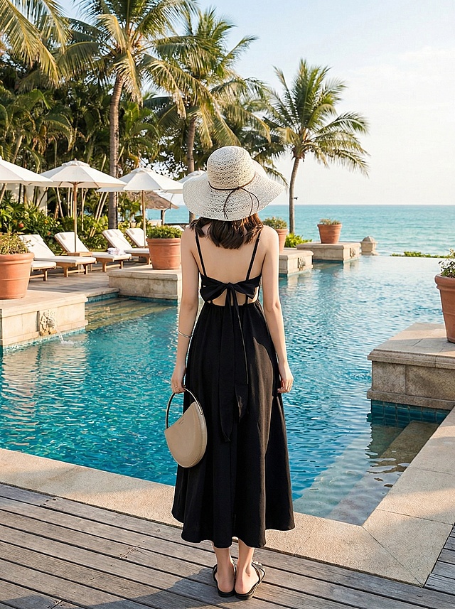 保留黑色吊带露背蝴蝶结长款连衣裙的所有设计细节不变，更换为全新的原创泳池度假场景背景，生成独特不重复的商品展示图，3:4比例