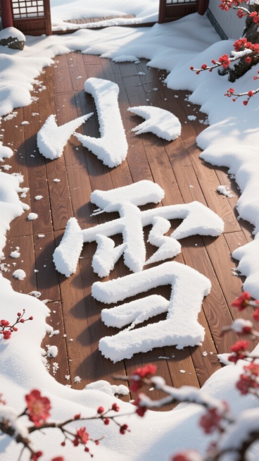 俯视视角，画面主视觉是有厚积雪的木质地板上堆出来的“小雪” 毛笔字（积雪质感真实，表面带自然起伏纹理，露出棕褐色木质纹理地板，边缘有不规则足迹）；点缀红梅装饰预览效果