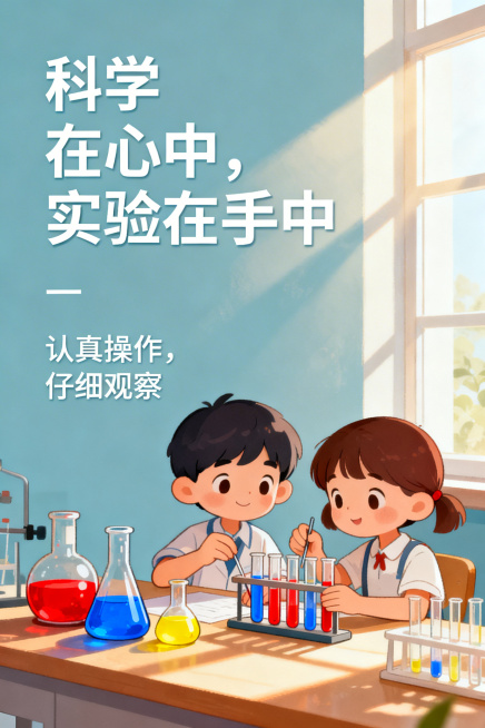 小学实验室宣传标语竖版海报，卡通插画风格，儿童做实验的温馨场景，摆放各种实验器具和彩色试剂，风格童趣可爱，主标语是“科学在心中，实验在手中”，副标题是“认真操作，仔细观察”，文字清晰突出，适合校园文化预览效果