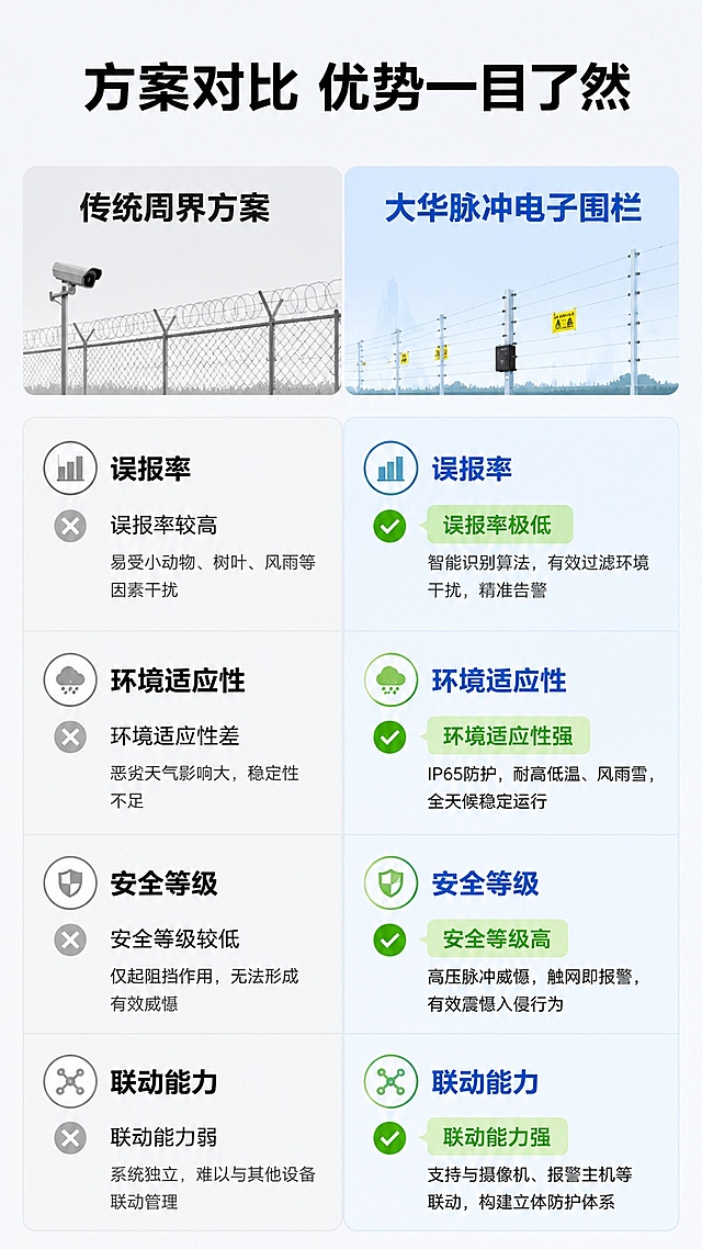 [第6屏] 传统方案vs大华脉冲围栏对比页。
[氛围/风格] 左右对比清晰展示，客观理性风格。
[元素布局] 顶部主标题，下方左右分两栏对比：左栏为传统周界方案，右栏为大华脉冲电子围栏；每栏从三个维度对比：误报率、环境适应性、安全等级、联动能力。对比维度横向对齐，差异清晰呈现；右栏优势项用绿色对勾标记，左栏传统项用灰色叉号标记，差异一目了然。
[光影质感] 均匀柔光照明，整体明亮，对比清晰，无明暗不均。
[配色色系] 全局底色 #f5f7fa；左栏浅灰底，右栏浅蓝底，绿色标注优势，对比清晰。
[视角构图] 顶部标题+左右对比分栏，结构工整，阅读直观。
[文字版式] 顶部主标题「方案对比 优势一目了然」黑色粗体大字；每栏顶部标注方案名称粗体大字；维度对比项左对齐，文字清晰，优势项加绿色背景突出显示。
[比例分辨率] 9:16竖版比例，4K分辨率，文字清晰可辨，高清画质。
[负向提示词] 变形，水印，文字错乱，对比错位。