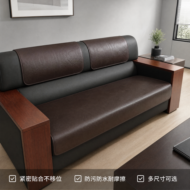 [主图-3] 办公场景展示主图，展示沙发坐垫在办公会客沙发上的使用效果；氛围风格：现代商务简约感；画质：商业摄影质感，清晰通透，真实自然；元素：保持沙发坐垫外观、材质和颜色和原图一致，展示深棕色皮革沙预览效果