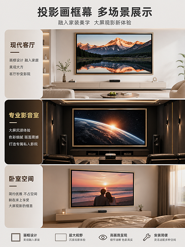 投影画框幕多场景展示，分别展示安装在现代客厅、专业影音室、卧室的效果，突出画框幕融入家装美观，大屏观影沉浸感，现代简约家居风，干净明亮，排版清晰