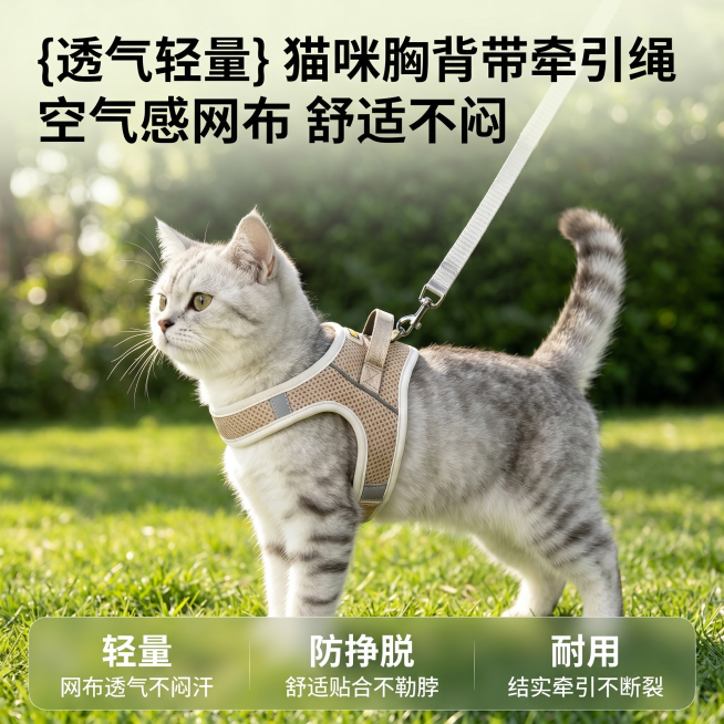 [主图 1] 猫咪胸背带牵引绳户外使用首图，整体突出产品轻量透气特点。
[氛围风格] 清新自然户外风，真实自然使用场景
[画质] 商业摄影质感、光线柔和通透、产品清晰真实、画面干净高级
[元素] 美短预览效果