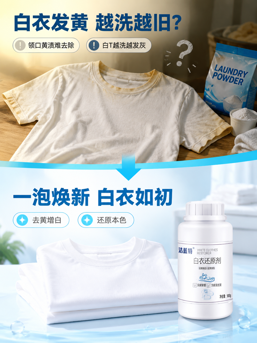 [详情页-2] 痛点对比页，白衣发黄困扰 vs 使用后亮白，克… - 图片创意预览