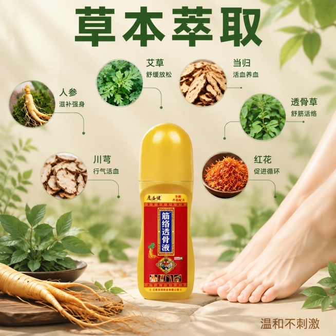 [主图-2] 虎益健筋络透骨液核心成分解析主图。
[氛围风格] 天然植萃，纯净自然氛围。
[画质] 商业摄影质感、光线柔和通透、产品清晰真实、画面干净高级。
[元素] 虎益健筋络透骨液瓶装放置于画面底预览效果