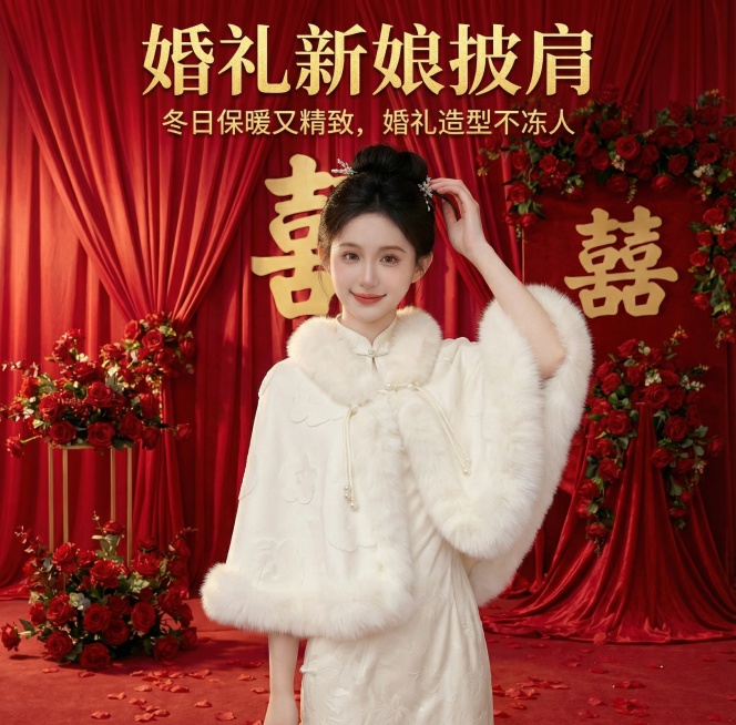 这是一款婚礼新娘披肩，换个背景，喜庆一点，添加【婚礼新娘披肩】【冬日保暖又精致，婚礼造型不冻人】文字，图中的人物姿势不变，衣服款式不变，预览效果