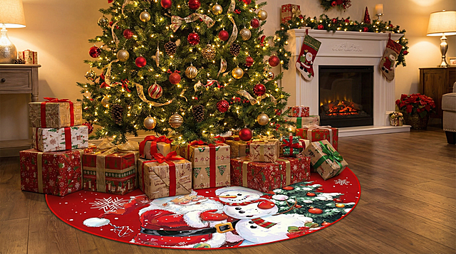 以图中的圣诞树裙为元素,树底罩，带圣诞雪人图案,圣诞节,设计6张跟圣诞树裙有关的图,比例 「16:9」