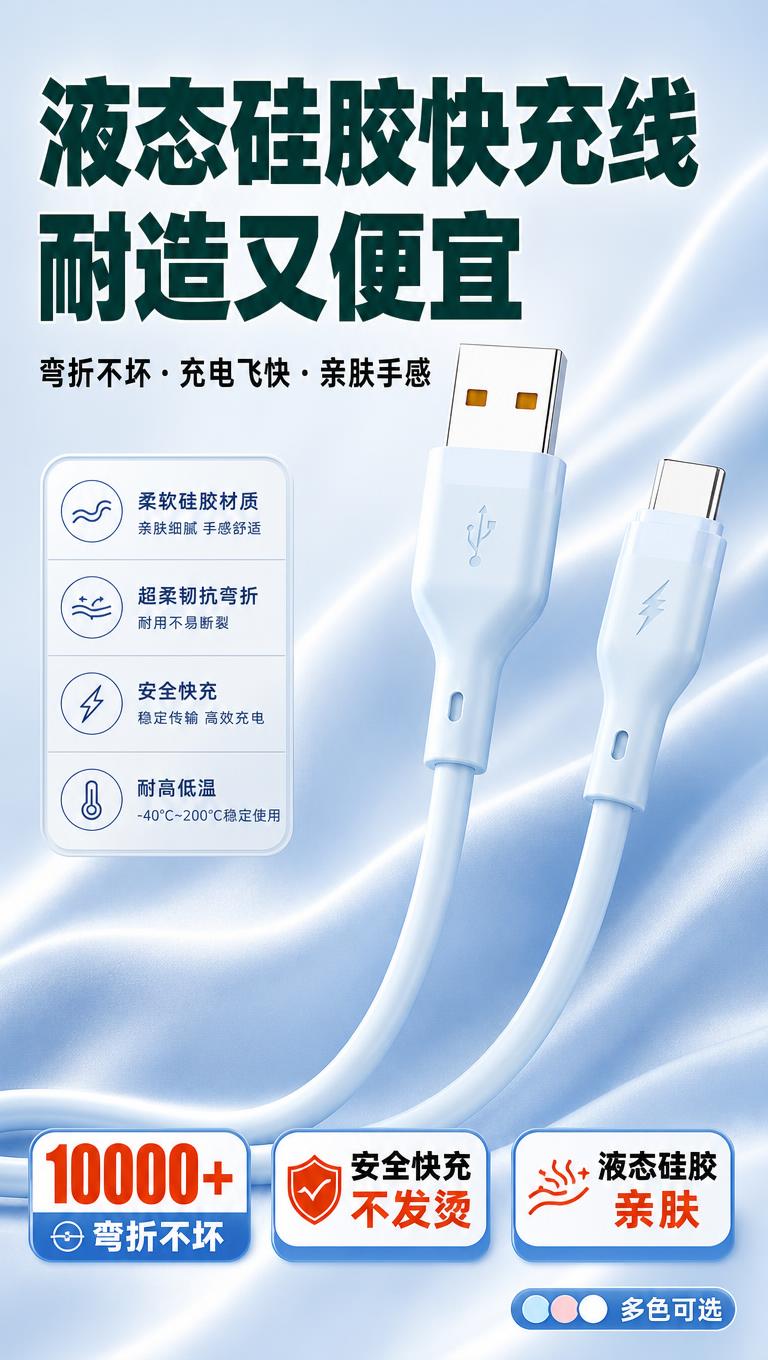 [商品] 使用【图1】液态硅胶快充数据线；保留浅蓝色线身、US… - 图片创意预览