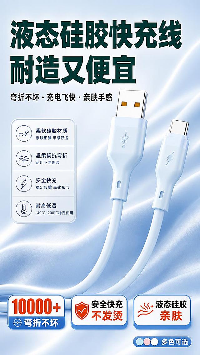 [商品] 使用【图1】液态硅胶快充数据线；保留浅蓝色线身、USB-A 公头与 Type-C 公头结构、线身比例、硅胶材质质感、接头造型；去除原图顶部"工厂旗舰店"字样与品牌 Logo 文字，保留产品本身外观不变。
[画面] 目标：硬核头图，突出产品全貌+核心卖点大字冲击，拼多多风格简单粗暴。构图：大标题压迫型，主标题超大字居左上，右侧和下方展示浅蓝色数据线全貌（USB-A 头与 Type-C 头清晰可见），产品占画面约 65%，底部放 3 个大卖点胶囊。背景：浅蓝渐变 + 柔和丝绸质感底，干净明亮，突出产品。
[视觉] 套系策略：风格=拼多多大字报风格，简单粗暴高对比，手机端快速阅读；标题字=超粗黑体，字号极大；正文字=粗黑体，字号偏大；主色=浅蓝（取自产品）；背景延展=浅蓝到白色渐变、同色系深浅卡片、柔和光影；强调色=橙红色，仅用于价格/利益点标签和重点高亮；标题色=深墨绿/深青；正文色=深灰；组件=圆角粗边信息卡、粗体卖点胶囊、大字号数字标签；光影=正面柔光，产品清晰立体，无逆光。
[文字] 左上主标题两行超大字："液态硅胶快充线"、"耐造又便宜"；副标题："弯折不坏 · 充电飞快 · 亲肤手感"；底部 3 个大卖点胶囊："10000+ 弯折不坏"、"安全快充不发烫"、"液态硅胶亲肤"；右下角小标签："多色可选"。文字全部横排，字号大，手机一眼看清，不遮挡产品主体。
[规格] 单屏比例 9:16 竖版，分辨率 4K，拼多多风格，避免文字过小、竖排文字、产品变形、颜色改变、出现工厂旗舰店字样、出现平台 Logo 水印、极限词。