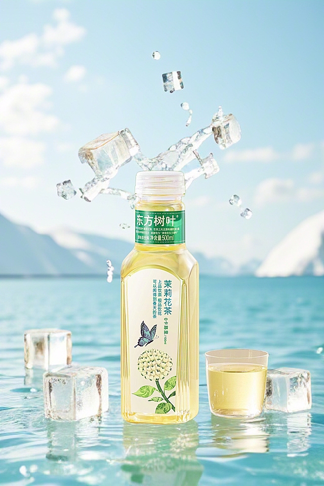 清新插画风，轻拟物设计，简约主义展现夏日冰爽茶饮，冰块飞溅，清凉感十足。