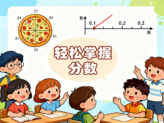 教育类插画风格，4:3比例，卡通孩子们在动画角色的帮助下解决分数和小数问题，画面中有披萨分数示意图和小数数轴等视觉化元素，画面中央用圆润字体显示"轻松掌握分数"