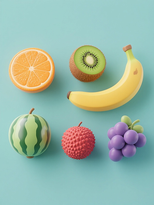 纯色背景上，软3D风格的水果系列素材集合，包含橙子、香蕉、猕猴桃、荔枝、西瓜、葡萄六个完全不同元素内容的水果，整体色彩变换，规整排布。每个水果都具有光滑的表面质感和柔和的光影效果，猕猴桃有完整的带绒毛的棕色果皮和切开的绿色果肉带黑色种子，所有水果造型圆润可爱，色彩鲜艳饱和，在纯色背景上形成鲜明对比，整体呈现出简洁、清新、富有立体感的视觉效果。