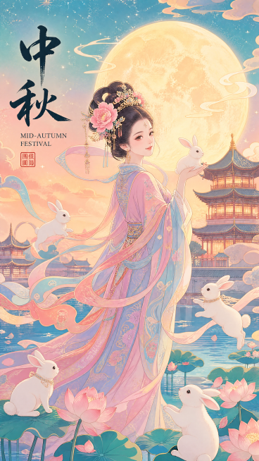 创作中秋海报，国潮插画风格，包含一位美女嫦娥，唐代贵族女子，五官精致，眼神温柔，穿着粉蓝相间带有传统花纹的飘逸汉服，头戴牡丹发饰，站在大大的发光满月前，多只可爱玉兔在周围跑动，漂浮丝带在身后飘动，背景预览效果